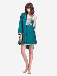 Silk Nightgown & Robe Set With Delicate Lace - Dark Teal