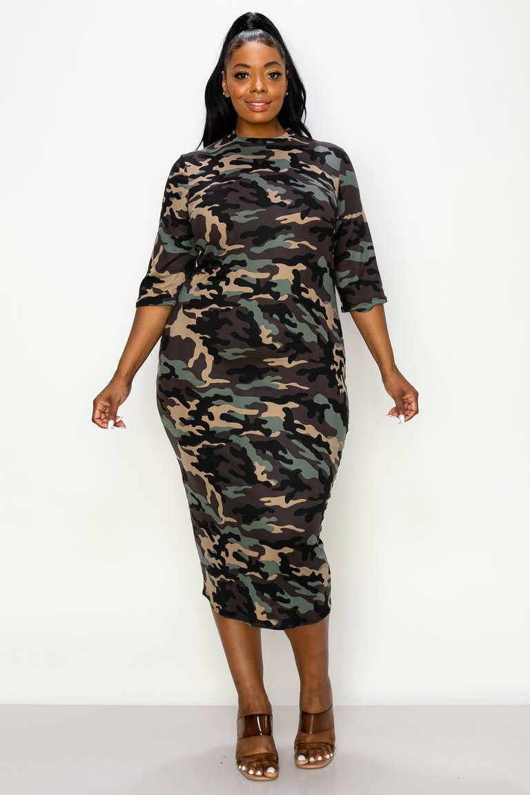 Camo Midi Dress - Khaki/Charcoal