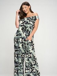 Camo Off Shoulder Jumpsuit - Gray/Ivory Camo