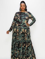 Camo Tiered Maxi Dress with Long Sleeves - Camo Olive/Taupe