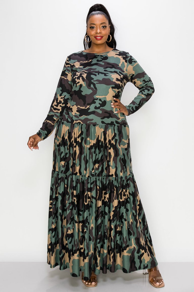 Camo Tiered Maxi Dress with Long Sleeves - Camo Olive/Taupe