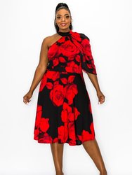 Cavalli Floral Flare Dress - Black/Red