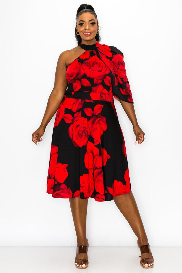 Cavalli Floral Flare Dress - Black/Red
