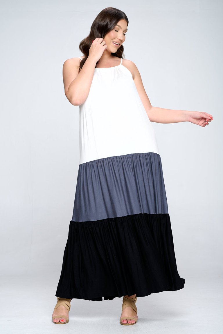 Colorblock Cami Neck Maxi Dress - Ivory/Dark Grey/Black