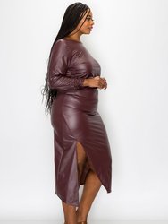 Faux Leather Ruched Sleeves Midi Dress