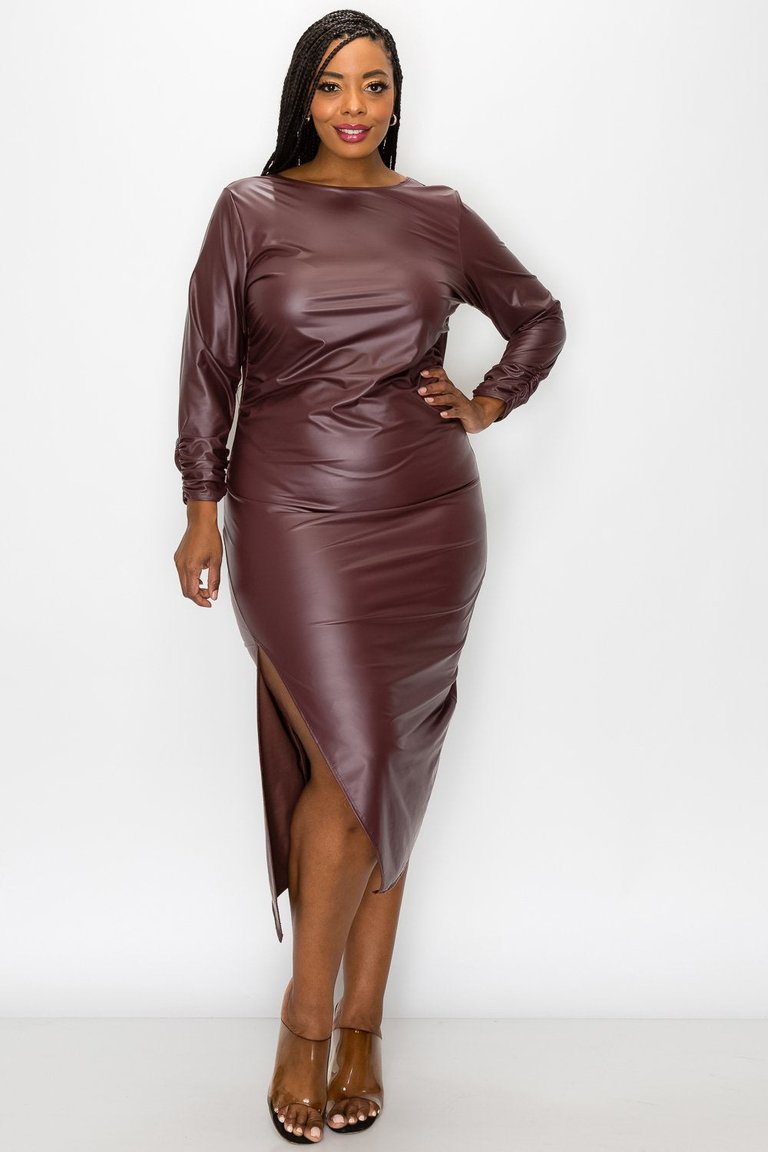 Faux Leather Ruched Sleeves Midi Dress - Burgundy Faux Leather