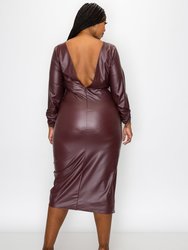 Faux Leather Ruched Sleeves Midi Dress