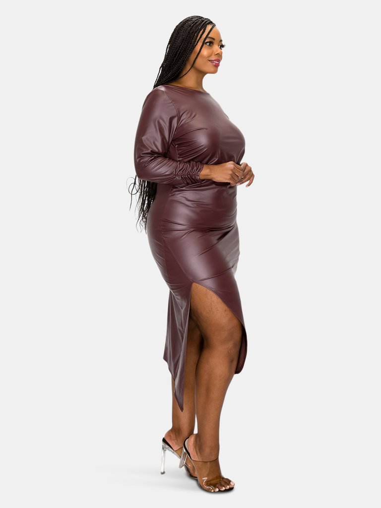 Faux Leather Ruched Sleeves Midi Dress