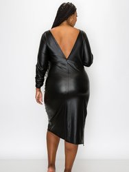 Faux Leather Ruched Sleeves Midi Dress