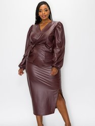 Faux Leather Wrap Top and Slit Skirt Set - Burgundy Faux Leather