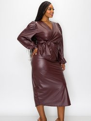 Faux Leather Wrap Top and Slit Skirt Set
