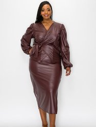 Faux Leather Wrap Top and Slit Skirt Set