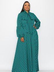 Houndstooth Bella Donna With Ribbon And Puff Sleeves - Emerald/Black