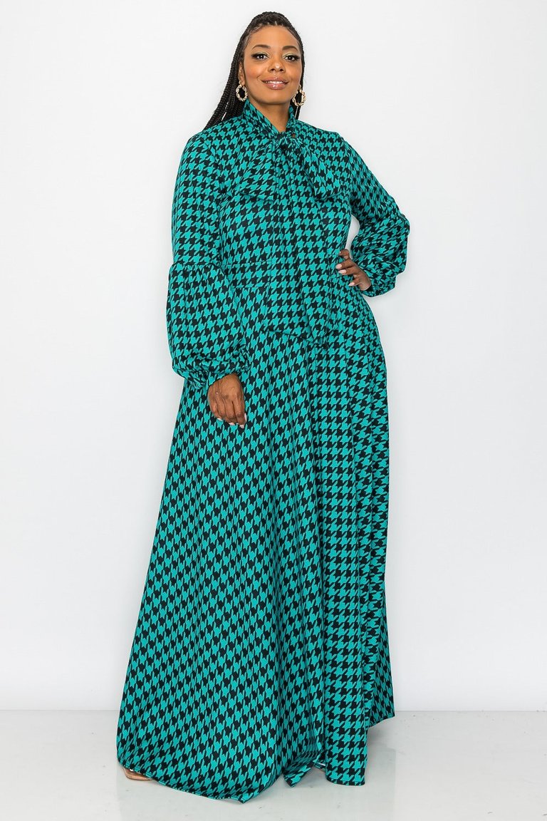 Houndstooth Bella Donna With Ribbon And Puff Sleeves - Emerald/Black