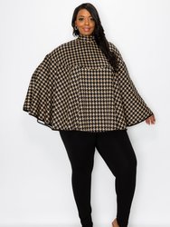Houndstooth Poncho With Ribbon Accent - Black/Taupe