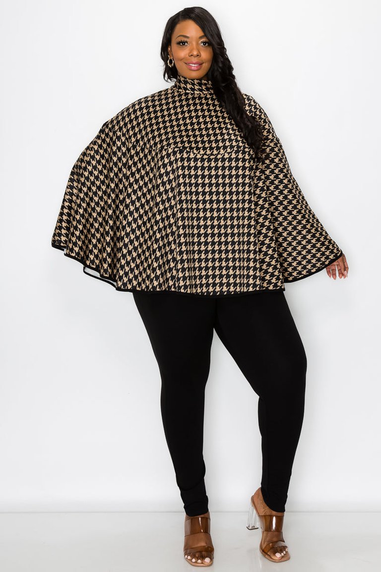 Houndstooth Poncho With Ribbon Accent - Black/Taupe