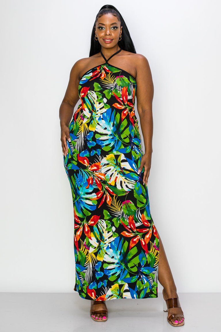 Kehlani Halter Neck Maxi Dress - Black/Green/Org