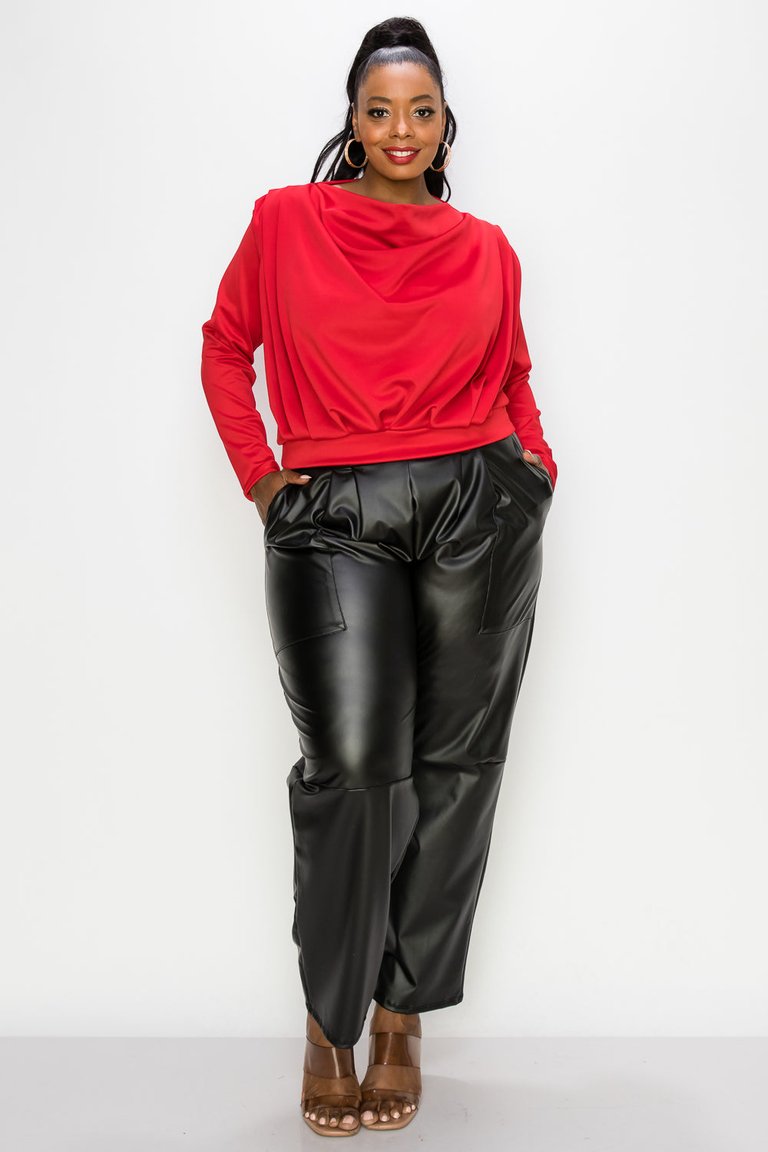 Pleated Cowl Neck Top - Red Dark