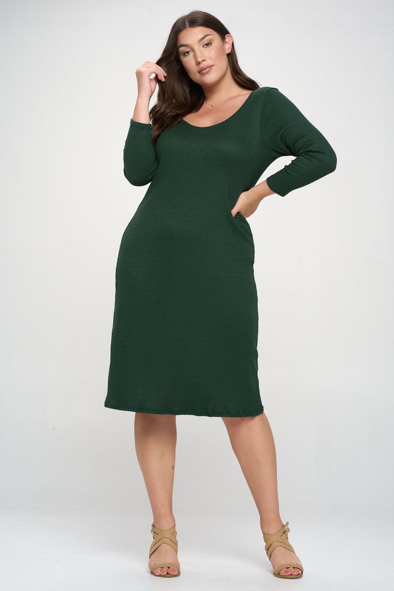 Plunge Neck Cashmere Rib Midi Dress - Hunter