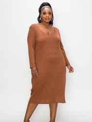 Plunge Neck Cashmere Rib Midi Dress