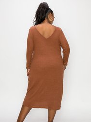 Plunge Neck Cashmere Rib Midi Dress