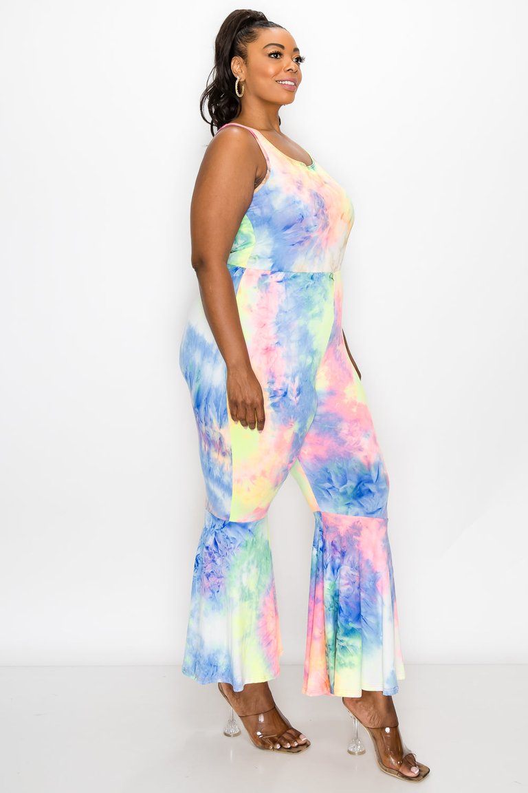 Tie Dye Bodycon Flare Leg Jumpsuit - Neon Yellow