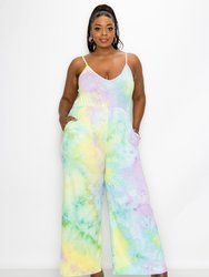 Tie Dye Cami Neck Wide Legged Pocket Jumpsuit - Lavender/Mint/Banana TD