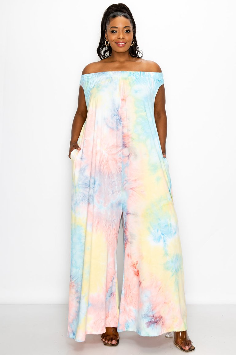 Tie Dye Off Shoulder Pocket Jumpsuit - Yellow/Blush/Turquoise Tie Dye