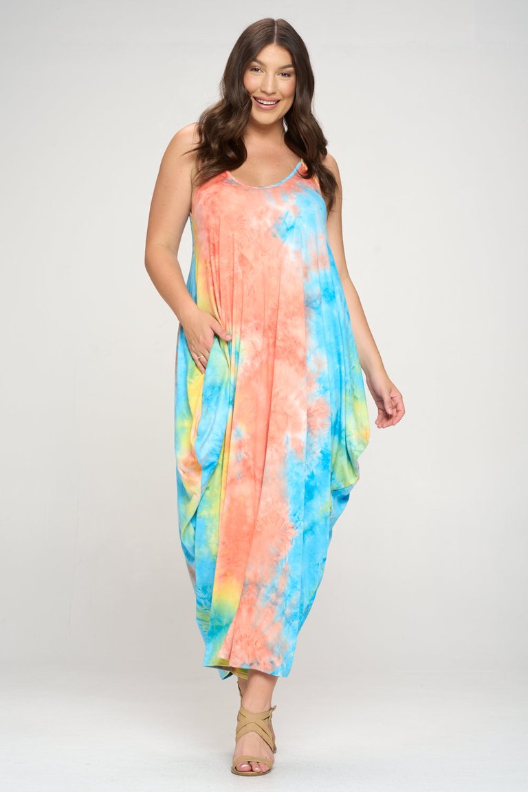 Tie Dye Spaghetti Strap Maxi Dress - Coral/Bright Yellow/Turquoise TD