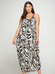 Tiger Stripe Spaghetti Strap Pocket Dress - Ivory/Black/Taupe