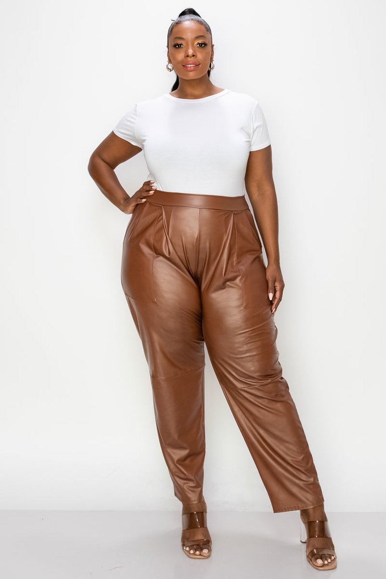 Vegan Leather Pocket Pants - Camel