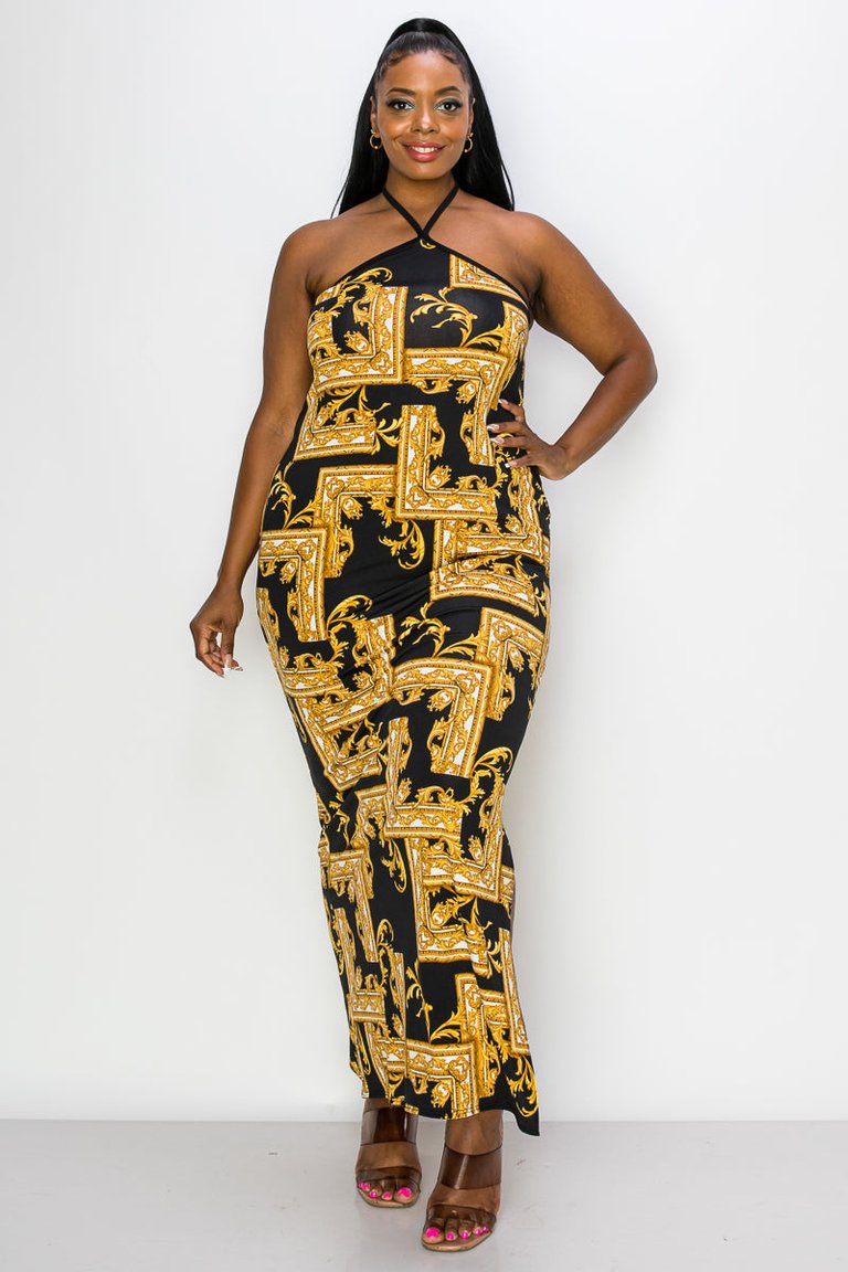 Xandra Halter Neck Maxi Dress - Black/Gold