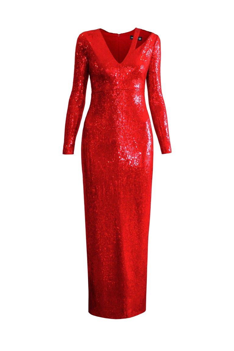 Long Sleeve Sequin Gown - Red Sequin
