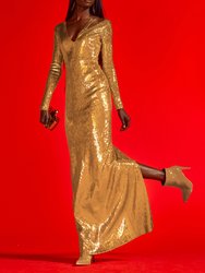 Long Sleeve Sequin Gown - Gold Sequin