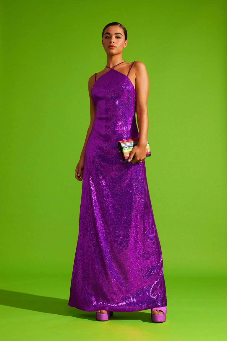 Sequined Halter Gown With Fine Straps - Purple Sequin