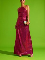 Sequined Halter Gown With Fine Straps