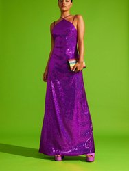 Sequined Halter Gown With Fine Straps - Green Sequin