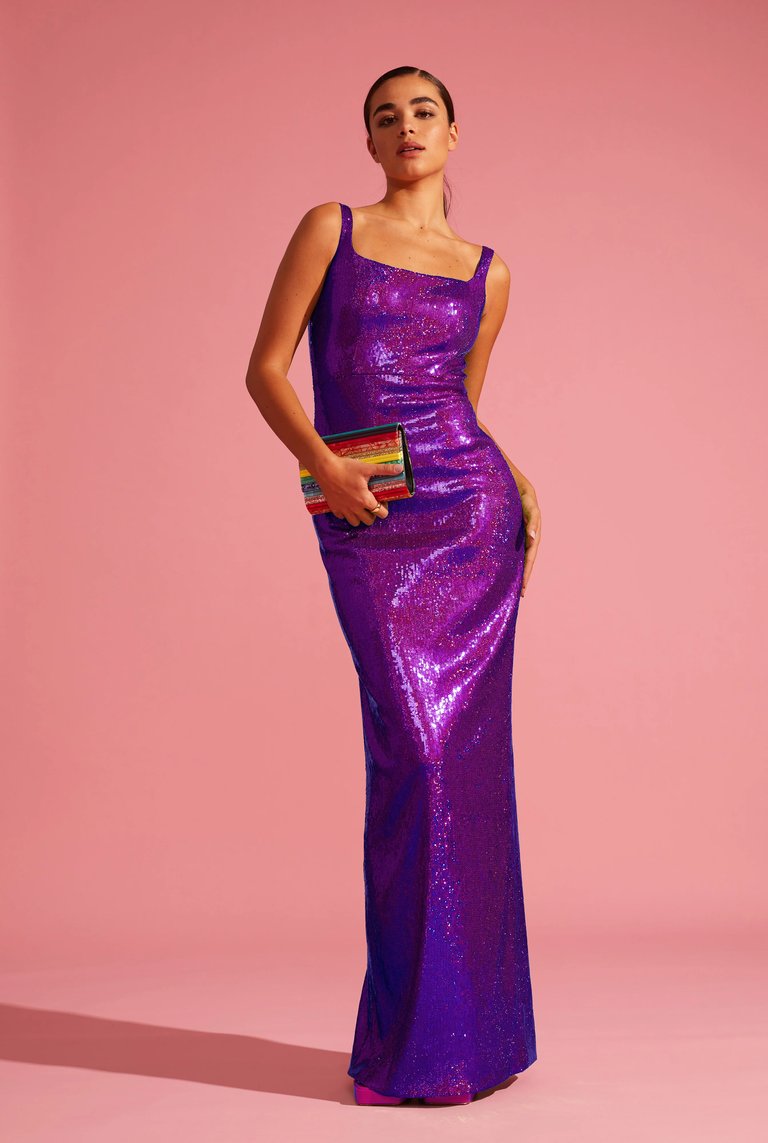 Sequined Square-Neck Evening Gown - Magenta Sequin