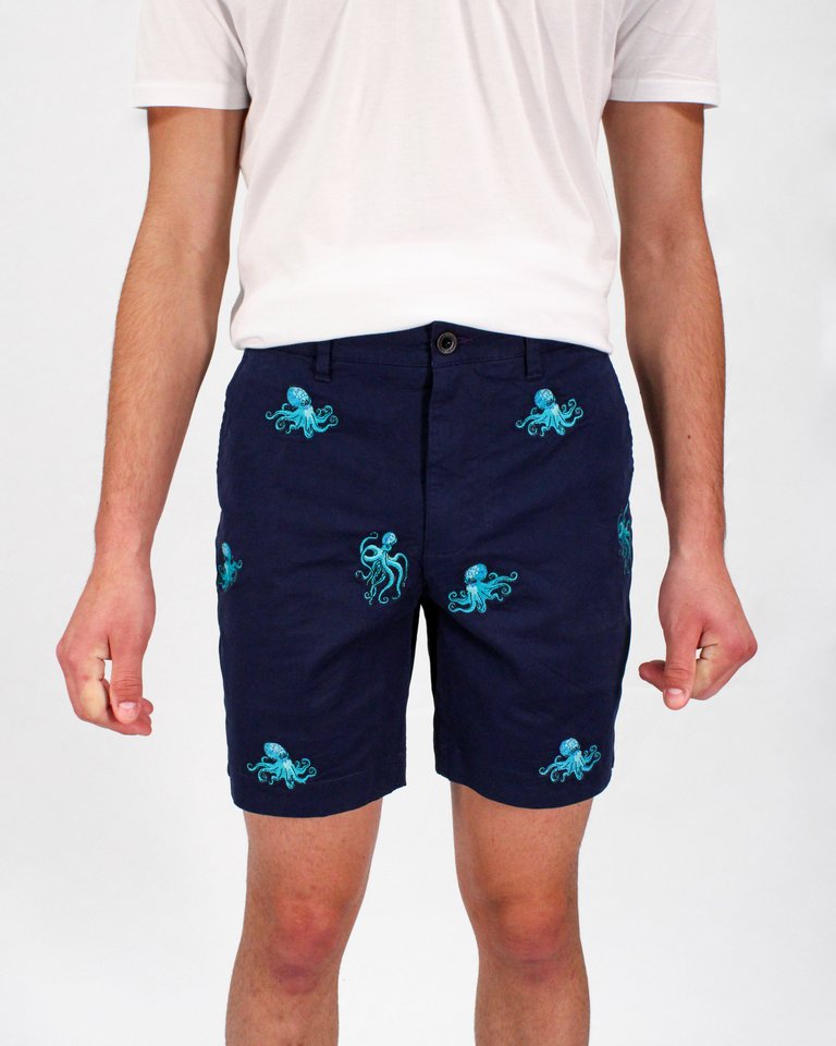 Edward Octopus Embroidery Shorts In Navy - Octopus Embroidery Navy