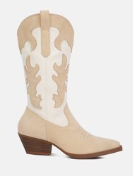 Adanna Micro Suede Patchwork Cowboy Boots - Beige