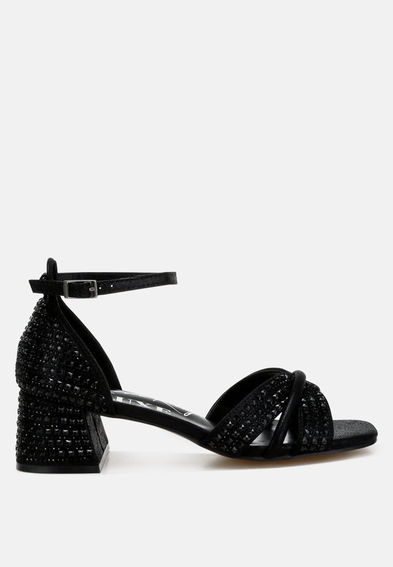 Babylon Low Block Heel Rhinestone Sandals - Black