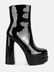 Bander Patent PU High Heel Platform Ankle Boots - Black