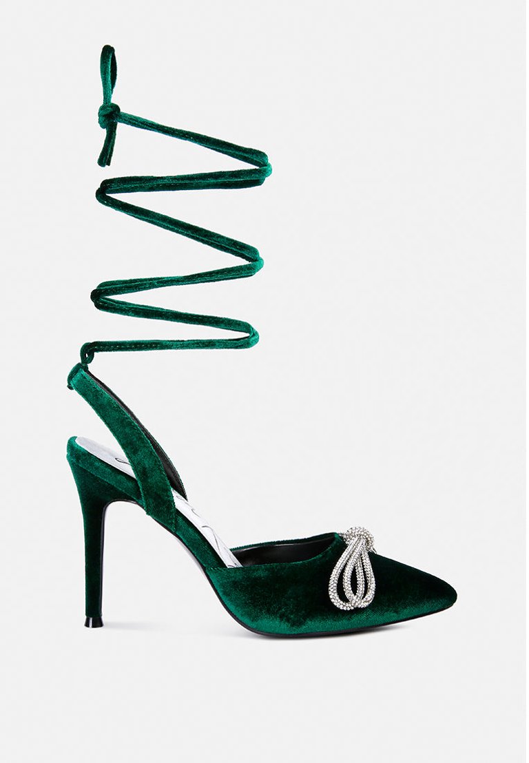 Big Treat Rhinestone Embellished Lace Up Sandals - Green