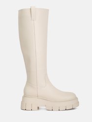 Blume Faux Leather Chunky Platform Knee Length Boots - Ecru