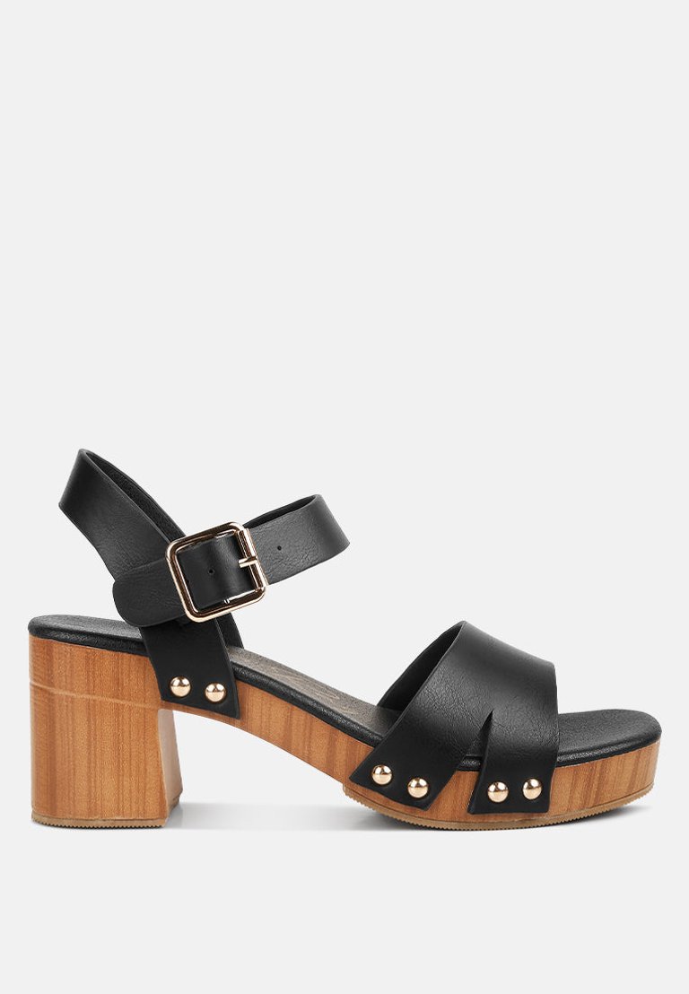 Campbell Faux Leather Textured Block Heel Sandals - Black