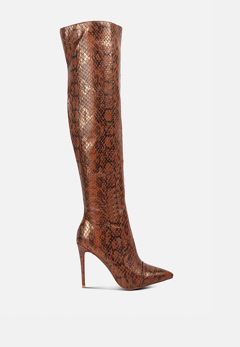 Catalina Snake Print Stiletto Knee Boots - Brown