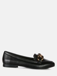 Chunky Metal Chain Faux Leather Loafers - Black