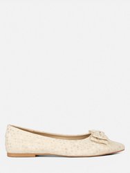 Cicely Jacquard Bow Embellished Ballet Flats - Beige