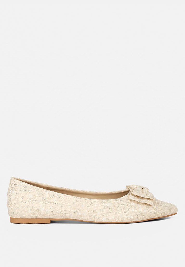 Cicely Jacquard Bow Embellished Ballet Flats - Beige