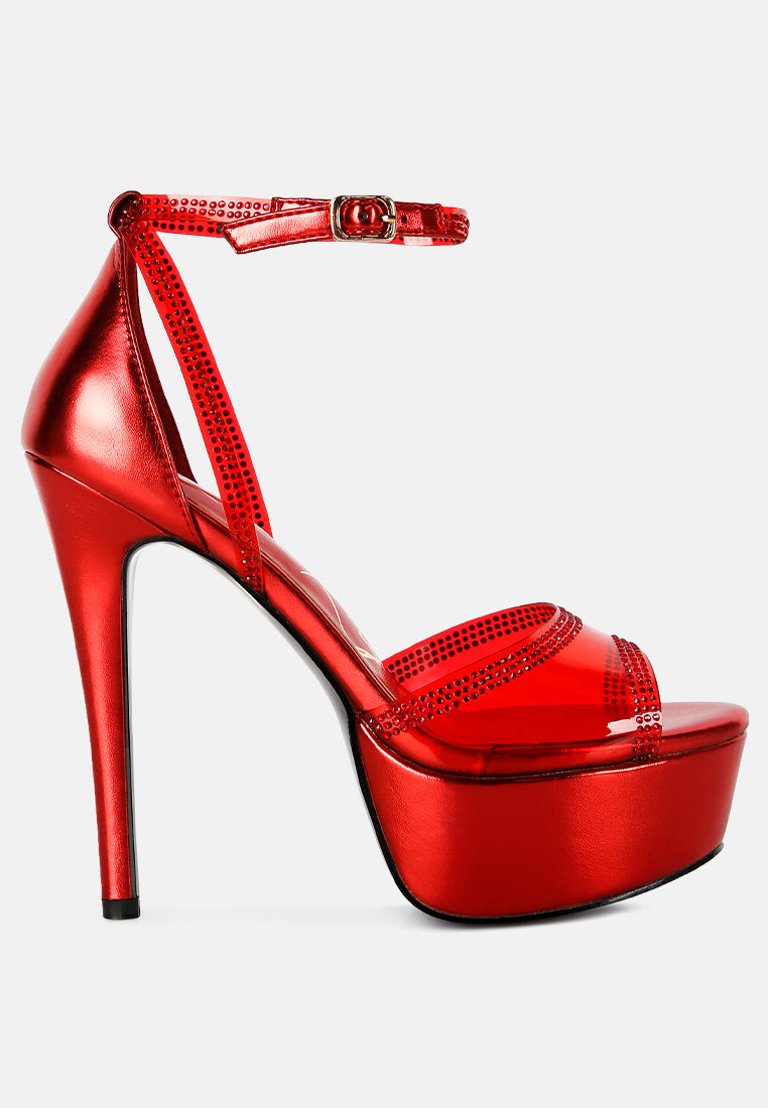Cinderella Rhinestones Embellished Stiletto Platform Sandals - Red